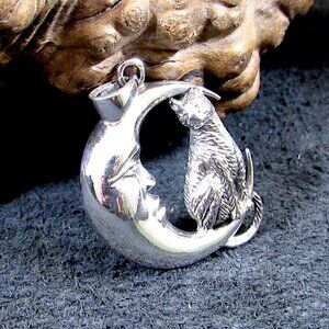 Solid 925 Sterling Silver Cat Familiar on Crescent Moon Pendant, Witchy Jewelry
